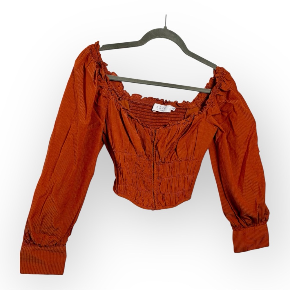 ASTR Burnt Orange Smocked Corset Blouse Puff Sleeve Cropped Romantic Boho Top S - Picture 4 of 9